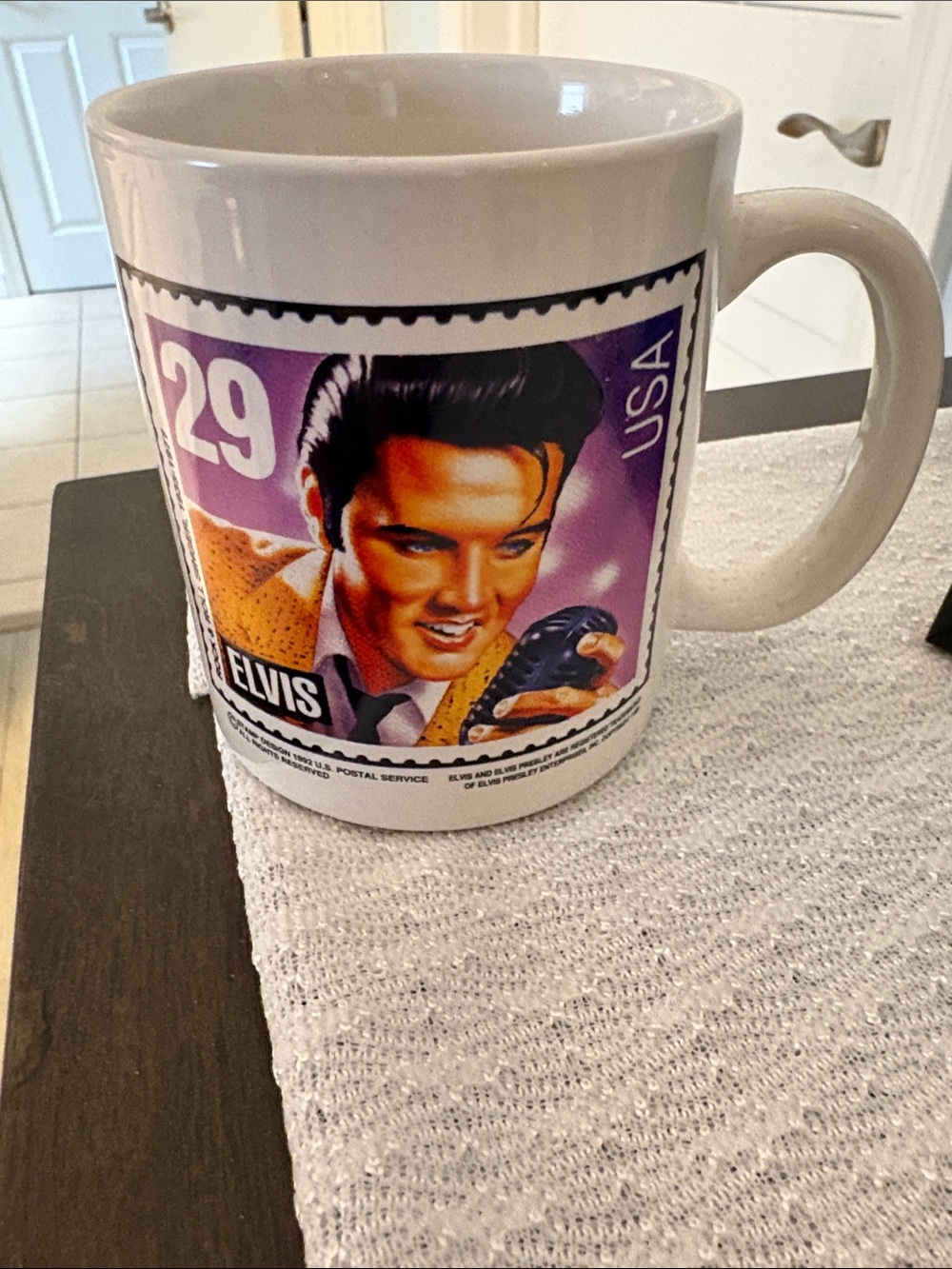 White Ceramic Mug with Purple Elvis Stamp Graphic